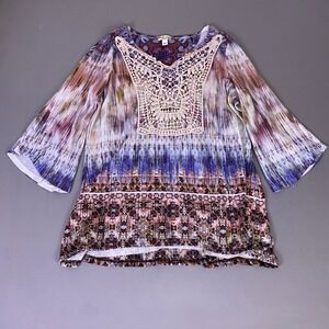 World Unity Tunic Top Womens Plus 1X Boho Crochet Lace V-Neck Paisley 3/4 Sleeve